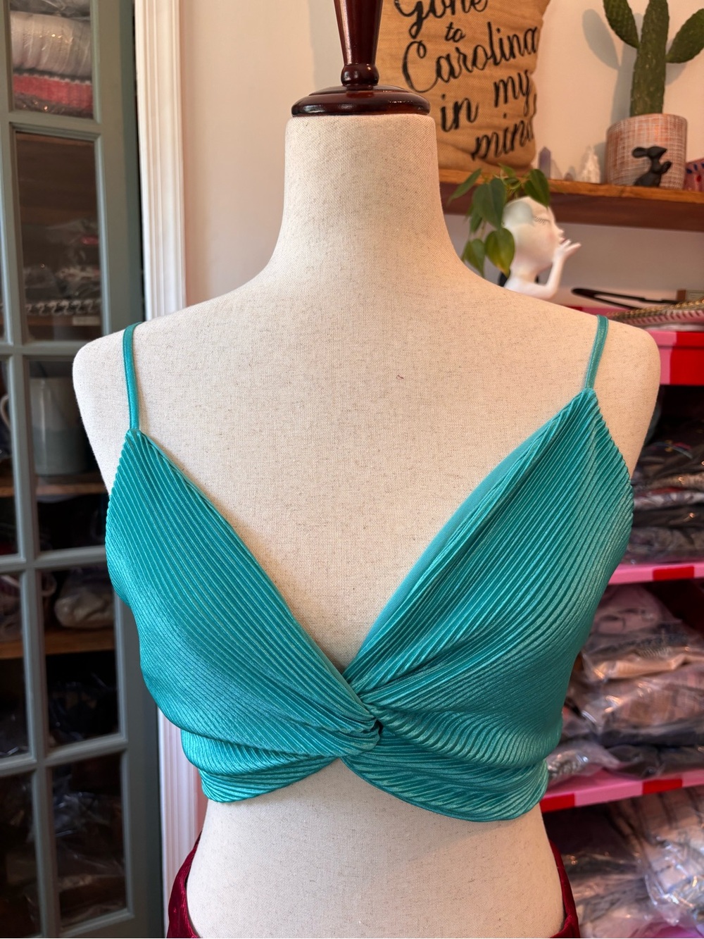 Ro & De Teal Pleated Satin Tie Back Crop Top Size Small Y2K Party Cami - Picture 2 of 6